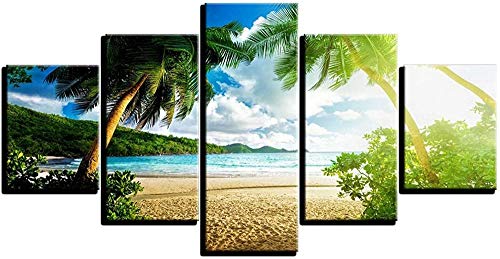 wodclockyui 5 Piezas Cuadro de Lienzo- Blue Sky Beach Palm Tree Sea View Decoración de Pared para el hogar Pinturas y Carteles de Arte HD 200cmx100cm sin Marco