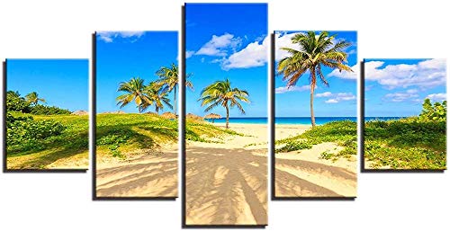 wodclockyui 5 Piezas Cuadro de Lienzo- Palm Tree Beach Sunshine Blue Sky White Cloud Sea View Decoración de Pared para el hogar Pinturas y Carteles de Arte HD 200cmx100cm sin Marco