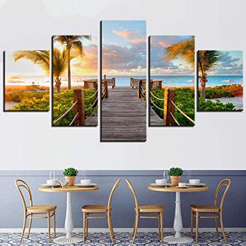 wodclockyui 5 Piezas Cuadro de Lienzo- Paseo costero Palm Tree Beach Decoración de Pared para el hogar Pinturas y Carteles de Arte HD 200cmx100cm sin Marco