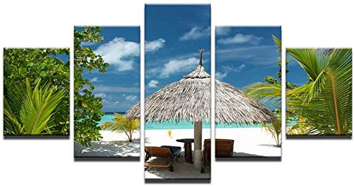 wodclockyui 5 Piezas Cuadro de Lienzo- Tropical Island Palm Tree Beach Sea View Decoración de Pared para el hogar Pinturas y Carteles de Arte HD 200cmx100cm sin Marco