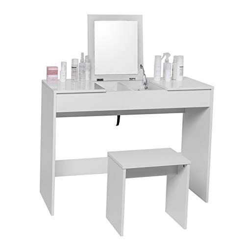 WOLTU Tocador de Maquillaje Tocador Mesa Cosmética con Taburete Tocador de Maquillaje con Espejo Plegable 100 X 45 X 76cm Blanco MB6047ws