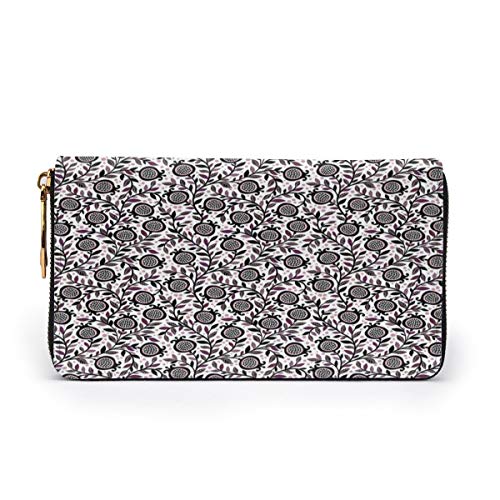 Women's Long Leather Card Holder Purse Zipper Buckle Elegant Clutch Wallet, Floral Pattern Artistic Pomegranate Fruits and Leaves Coming of Spring,Sleek and Slim Travel Purse