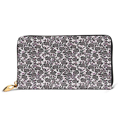 Women's Long Leather Card Holder Purse Zipper Buckle Elegant Clutch Wallet, Floral Pattern Artistic Pomegranate Fruits and Leaves Coming of Spring,Sleek and Slim Travel Purse