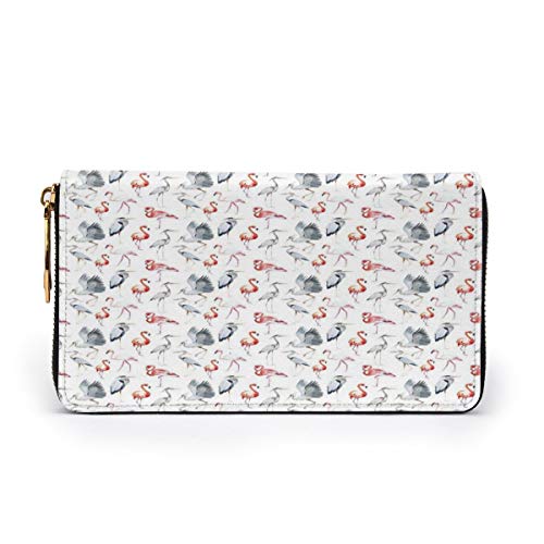 Women's Long Leather Card Holder Purse Zipper Buckle Elegant Clutch Wallet, Heron and Flamingo Birds with Artistic Watercolor Design Wildlife Nature,Sleek and Slim Travel Purse