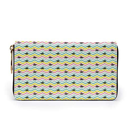 Women's Long Leather Card Holder Purse Zipper Buckle Elegant Clutch Wallet, Pastel Color Chevron Zigzag Stripes with Black Flamingo Silhouettes Exotic Summer,Sleek and Slim Travel Purse