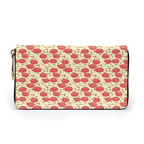 Women's Long Leather Card Holder Purse Zipper Buckle Elegant Clutch Wallet, Pattern with Pomegranate Fruit and Seeds Antioxidant Ripe Food,Sleek and Slim Travel Purse