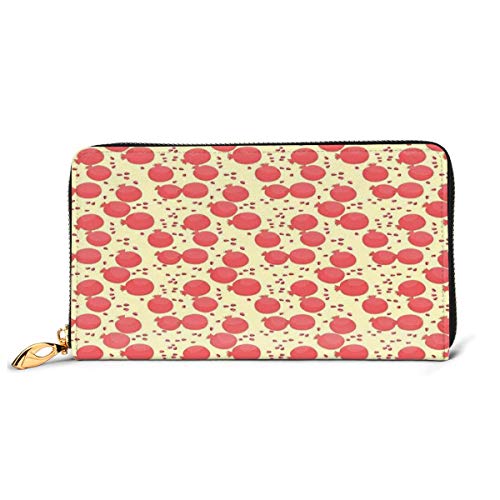 Women's Long Leather Card Holder Purse Zipper Buckle Elegant Clutch Wallet, Pattern with Pomegranate Fruit and Seeds Antioxidant Ripe Food,Sleek and Slim Travel Purse