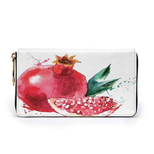 Women's Long Leather Card Holder Purse Zipper Buckle Elegant Clutch Wallet, Pomegranate Hand Drawn Watercolor Style Paint Yummy Juicy Winter Taste Art,Sleek and Slim Travel Purse