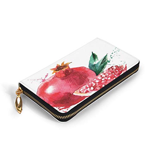 Women's Long Leather Card Holder Purse Zipper Buckle Elegant Clutch Wallet, Pomegranate Hand Drawn Watercolor Style Paint Yummy Juicy Winter Taste Art,Sleek and Slim Travel Purse