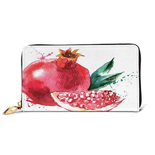 Women's Long Leather Card Holder Purse Zipper Buckle Elegant Clutch Wallet, Pomegranate Hand Drawn Watercolor Style Paint Yummy Juicy Winter Taste Art,Sleek and Slim Travel Purse