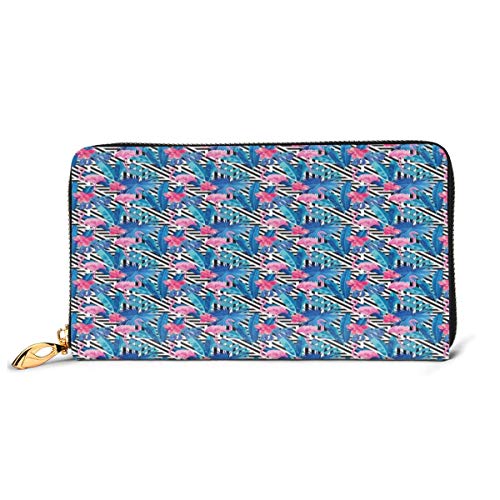 Women's Long Leather Card Holder Purse Zipper Buckle Elegant Clutch Wallet, Watercolor Tropic Pink Flamingos and Orchid with Blue Floral Plant Jungle Palm,Sleek and Slim Travel Purse