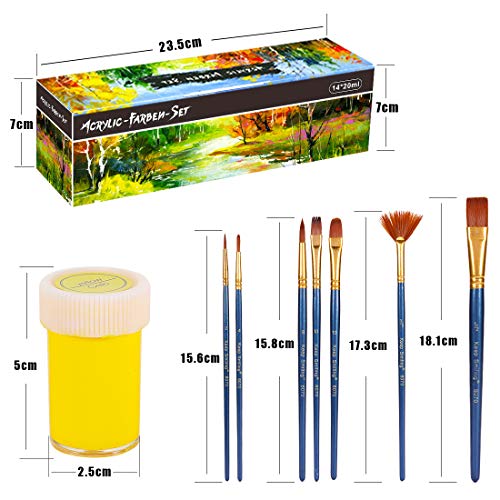WOSTOO Pintura Acrílica,Pinturas Acrílicas de Colores 21 Set 14 x 20 ml Kit de Prima Pinturas Acrílicas,Equipado con 7 Pinceles,No tóxico Pintura Acrilica Manualidades para Lienzos,Papel,Roca,Madera