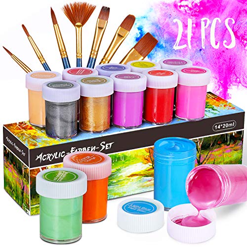 WOSTOO Pintura Acrílica,Pinturas Acrílicas de Colores 21 Set 14 x 20 ml Kit de Prima Pinturas Acrílicas,Equipado con 7 Pinceles,No tóxico Pintura Acrilica Manualidades para Lienzos,Papel,Roca,Madera
