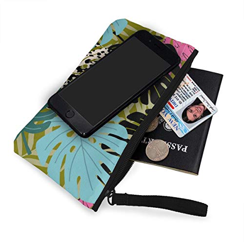 Wrution - Monedero de Lona con diseño Tropical de Hojas de Monstera y Palmera sin Costuras, con Cremallera, tamaño pequeño, portátil, Gran Capacidad