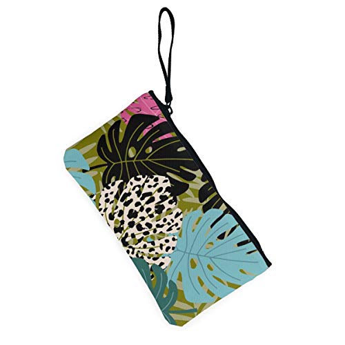 Wrution - Monedero de Lona con diseño Tropical de Hojas de Monstera y Palmera sin Costuras, con Cremallera, tamaño pequeño, portátil, Gran Capacidad