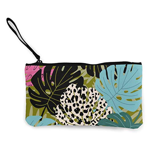 Wrution - Monedero de Lona con diseño Tropical de Hojas de Monstera y Palmera sin Costuras, con Cremallera, tamaño pequeño, portátil, Gran Capacidad