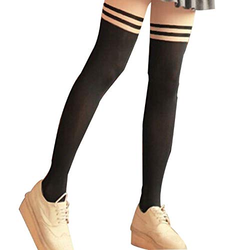 WSF-TIGHTS, Mujeres Niñas Rayas Dobles Impreso Medias Pantimedias Patchwork Medias Falsas Tatuajes Leggings Medias Contraste/Color sólido (Color : BG)