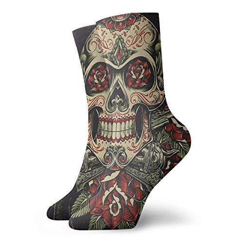wwoman Novedad Divertido Crazy Crew Calcetín Calavera y Rosas con Revólveres Impreso Tatuaje Calcetines Deportivos Calcetines de 30 cm de largo Calcetines personalizados de regalo