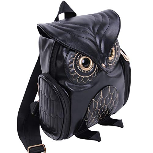 WYSBAOSHU Bolsa de Cuero de la Manera del Buho de la Historieta Mochila Mini Muchacha (Negro)
