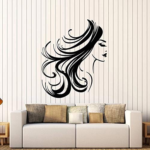 wZUN Cara de niña Tatuajes de Pared Mujer Pelo Largo Peinado Sala de Maquillaje salón de Belleza decoración Vinilo Dormitorio Mural 63X75cm