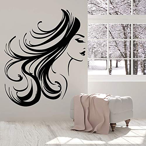 wZUN Cara de niña Tatuajes de Pared Mujer Pelo Largo Peinado Sala de Maquillaje salón de Belleza decoración Vinilo Dormitorio Mural 63X75cm