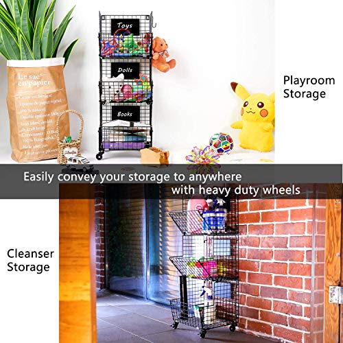 X-cosrack Cestas de Frutas y Verduras Colgantes de 3 Niveles con Rueda-Organizador de La Cesta,5pcs S-Hooks,Pizarras Extraíbles, Cocina,Frutas,Verduras,Artículos de Tocador,Negro