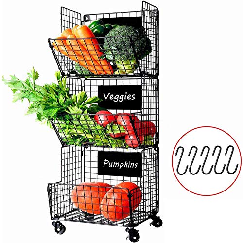 X-cosrack Cestas de Frutas y Verduras Colgantes de 3 Niveles con Rueda-Organizador de La Cesta,5pcs S-Hooks,Pizarras Extraíbles, Cocina,Frutas,Verduras,Artículos de Tocador,Negro