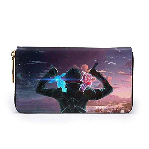 XCNGG Sword Art Online Cartera con bloqueo Carteras de cuero genuino Cartera con doble cremallera Organizador Bolso de mano Titular de la tarjeta de crédito Monedero de gran capacidad Bolso para teléf