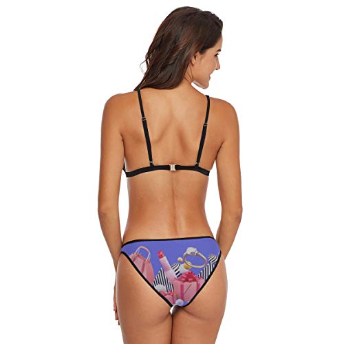 XHYYY Trajes de baño para Mujer Bolsa Lápiz Labial Tacones Altos Anillos Perfume Halter Neck Trajes de baño Mujeres Swim Bikini Two Piece Sexy-S