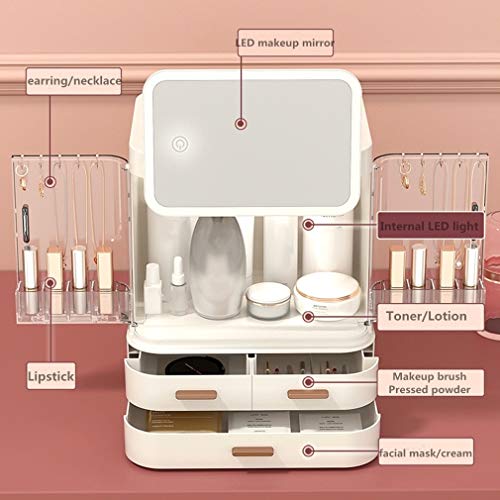 XJYA Organizador de Maquillaje Caja de Almacenamiento de Cosméticos para Damas Joyas de Gran Capacidad Productos para el Cuidado de Tipo de Cajón con Espejo Luz LED Impermeable Transparente,Rosado