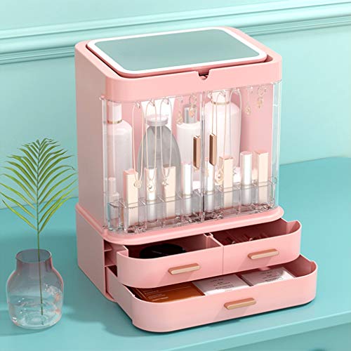 XJYA Organizador de Maquillaje Caja de Almacenamiento de Cosméticos para Damas Joyas de Gran Capacidad Productos para el Cuidado de Tipo de Cajón con Espejo Luz LED Impermeable Transparente,Rosado