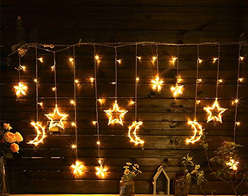 XMCHE Luz de Navidad LED Cadena Luces de Navidad Garland con Control Remoto Control de luz Solar Cadena Estrella de la Luna Impermeable de la decoración del jardín (Emitting Color : Moon and Star)
