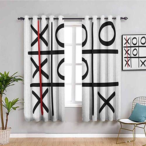Xo - Cortinas para dormitorio, 160 cm de largo, patrón de juego Tic Tac, diseño dibujado a mano, acabado victoria, tela impermeable, color negro y blanco