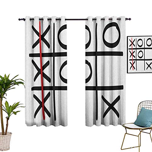 Xo - Cortinas para dormitorio, 160 cm de largo, patrón de juego Tic Tac, diseño dibujado a mano, acabado victoria, tela impermeable, color negro y blanco