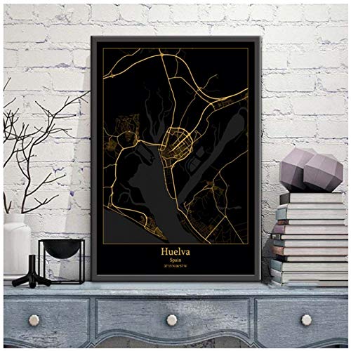XuFan Huelva España Black & Gold City Light Maps World City Map Posters Canvas Prints Estilo nórdico Arte de la Pared Decoración para el hogar-24x36 Pulgadas Sin Marco