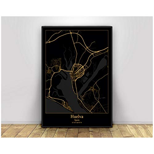 XuFan Huelva España Black & Gold City Light Maps World City Map Posters Canvas Prints Estilo nórdico Arte de la Pared Decoración para el hogar-24x36 Pulgadas Sin Marco