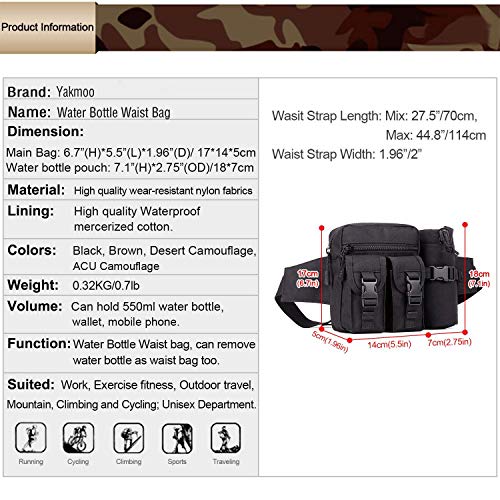 Yakmoo Bolso de Cintura Estilo Militar Táctico Bolsa de Riñonera o Bandolera Impermeable con Bolsillo para Botella al Aire Libre Negro