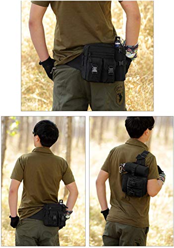 Yakmoo Bolso de Cintura Estilo Militar Táctico Bolsa de Riñonera o Bandolera Impermeable con Bolsillo para Botella al Aire Libre Negro