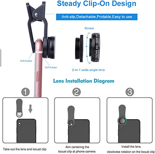 Yarrashop® 3 en 1 Teléfono móvil Kit de Lentes de cámara, Lente Ojo de Pez + Lente Macro + Lente Gran Angular para iPhone, Samsung, iPad, Huawei y Otros Teléfonos Inteligentes (Negro)