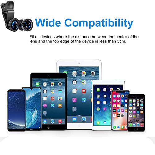 Yarrashop® 3 en 1 Teléfono móvil Kit de Lentes de cámara, Lente Ojo de Pez + Lente Macro + Lente Gran Angular para iPhone, Samsung, iPad, Huawei y Otros Teléfonos Inteligentes (Negro)