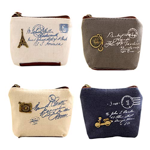 YeahiBaby - Monedero de lona, 4 piezas, con cremallera, para monedas, monedas, tarjetas de crédito, llaves, auriculares, pintalabios