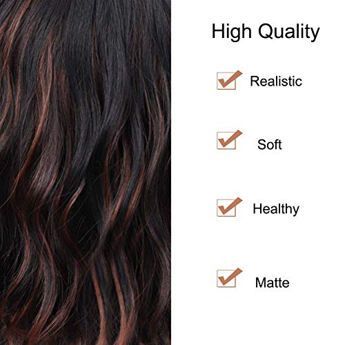 YEESHEDO Peluca negras afro corta ondulada para mujer con flequillo, pelucas reflejos marrones pelo natural ondulada sedosa para mujeres Niñas, Peluca de sintética fibra cosplay 14"