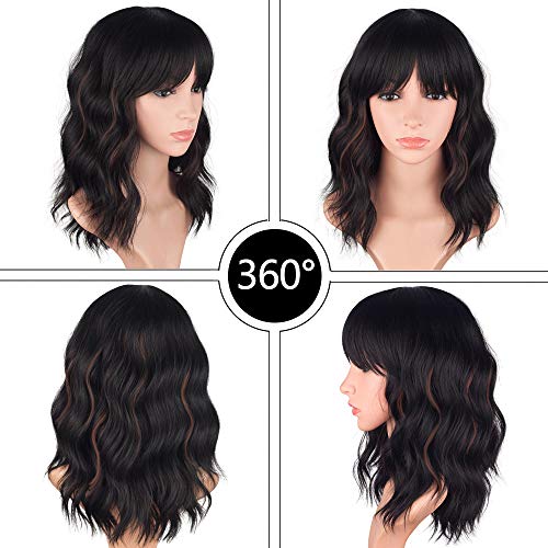 YEESHEDO Peluca negras afro corta ondulada para mujer con flequillo, pelucas reflejos marrones pelo natural ondulada sedosa para mujeres Niñas, Peluca de sintética fibra cosplay 14"