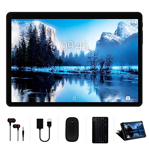 YESTEL Tablet 10 Pulgadas Android Tableta 4GB RAM + 64GB ROM + Expandido 128G Pantalla HD IPS y Quad Core Dual SIM LTE/WiFi 8000mAh Batería con Mouse y Teclado-Negro