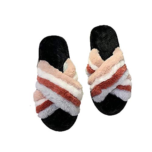YFWJD Zapatillas de Estar por casa de Mujer Sandalia Plana en Tiras Cruzadas Supersuave Peludas Zapatos Warmer Peluche Pantuflas Interior Cómodas Otoño/Invierno,Negro,40