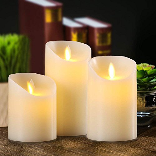 YHY Velas LED,velas sin llama,4"5"6"Set de 3 de cera real Dripless marfil incluyen baile realista llevó las llamas y 10teclas de Control Remoto con Función de temporizador de 24h regalo de Navidad