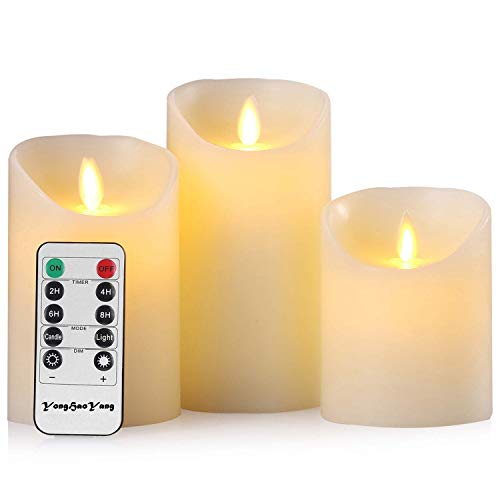 YHY Velas LED,velas sin llama,4"5"6"Set de 3 de cera real Dripless marfil incluyen baile realista llevó las llamas y 10teclas de Control Remoto con Función de temporizador de 24h regalo de Navidad