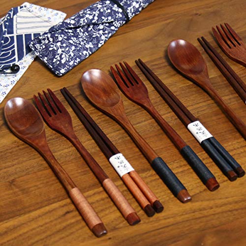 Yinuoday Palillos de Madera Cuchara Tenedor Set Utensilios de Viaje de vajilla de Estilo japonés con Bolsa para Camping, Picnic, Oficina u hogar (Style A)