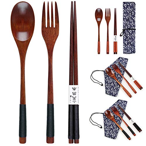 Yinuoday Palillos de Madera Cuchara Tenedor Set Utensilios de Viaje de vajilla de Estilo japonés con Bolsa para Camping, Picnic, Oficina u hogar (Style A)