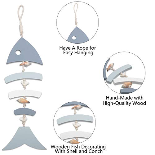 YiYa Decoración de Madera Huesos de Pescado con Concha y Conchas para decoración náutica, decoración de Pared Adorno Colgante de Puerta Tema de Playa Jardín Oficina Decoración del hogar (Azul Claro)